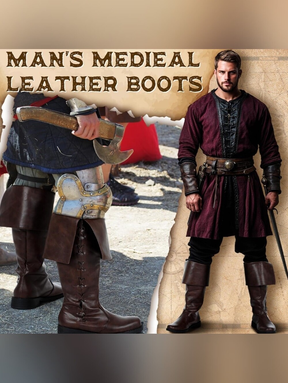 Medieval Pirate Boots Renaissance Boots for Men Size 11Mid Calf Lace up Gothic - Picture 4 of 16